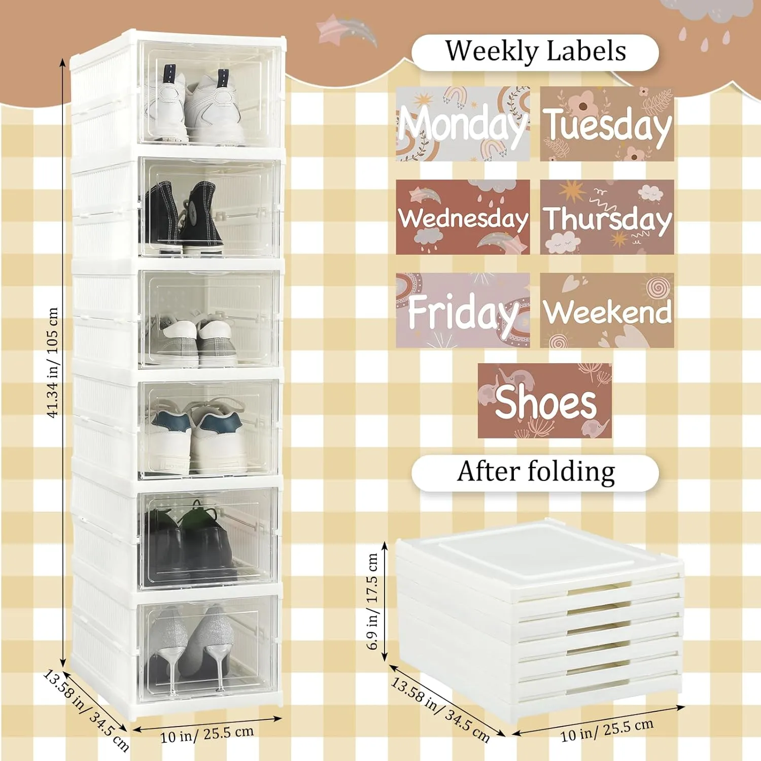 6 Shelf Daily Weekly Clothes Organizer for Kids Foldable Shoe Organizer Rack Storage Box with Doors Plastic Closet Storage for Daily Activity Monday Through Friday Essential Stuff(Classic)