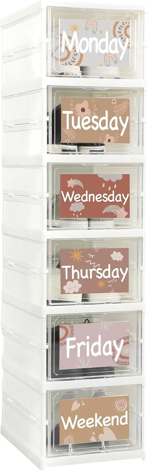 6 Shelf Daily Weekly Clothes Organizer for Kids Foldable Shoe Organizer Rack Storage Box with Doors Plastic Closet Storage for Daily Activity Monday Through Friday Essential Stuff(Classic)