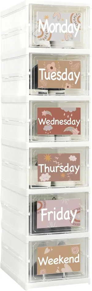 6 Shelf Daily Weekly Clothes Organizer for Kids Foldable Shoe Organizer Rack Storage Box with Doors Plastic Closet Storage for Daily Activity Monday Through Friday Essential Stuff(Classic)