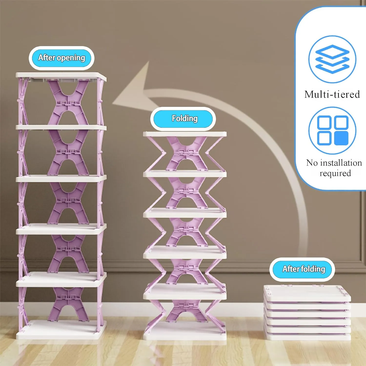 6 Tier Kids Shoe Rack, Collapsible Shoe Rack for Kids' Rooms, Foldable Vertical Shoe Organizer for Front Door Entrance, Compact Shoe Storage Shelf for Narrow Spaces (Gray-X)