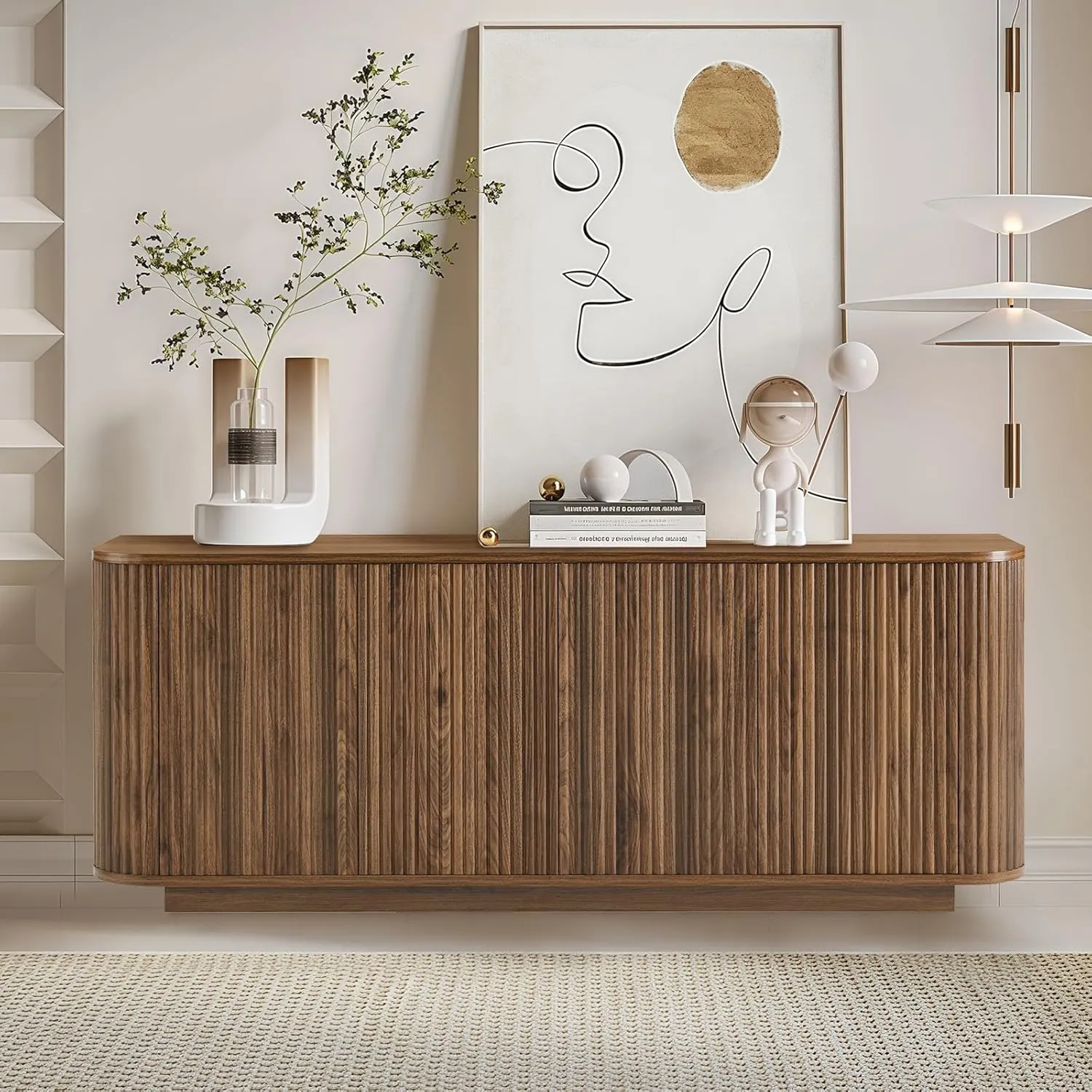 64" Buffet Sideboard Cabinet with Storage, Modern Fluted Accent Credenza with Adjustable Shelves, Wood Coffee Bar Console Table for Living Room Kitchen Dining Room Hallway, Walnut