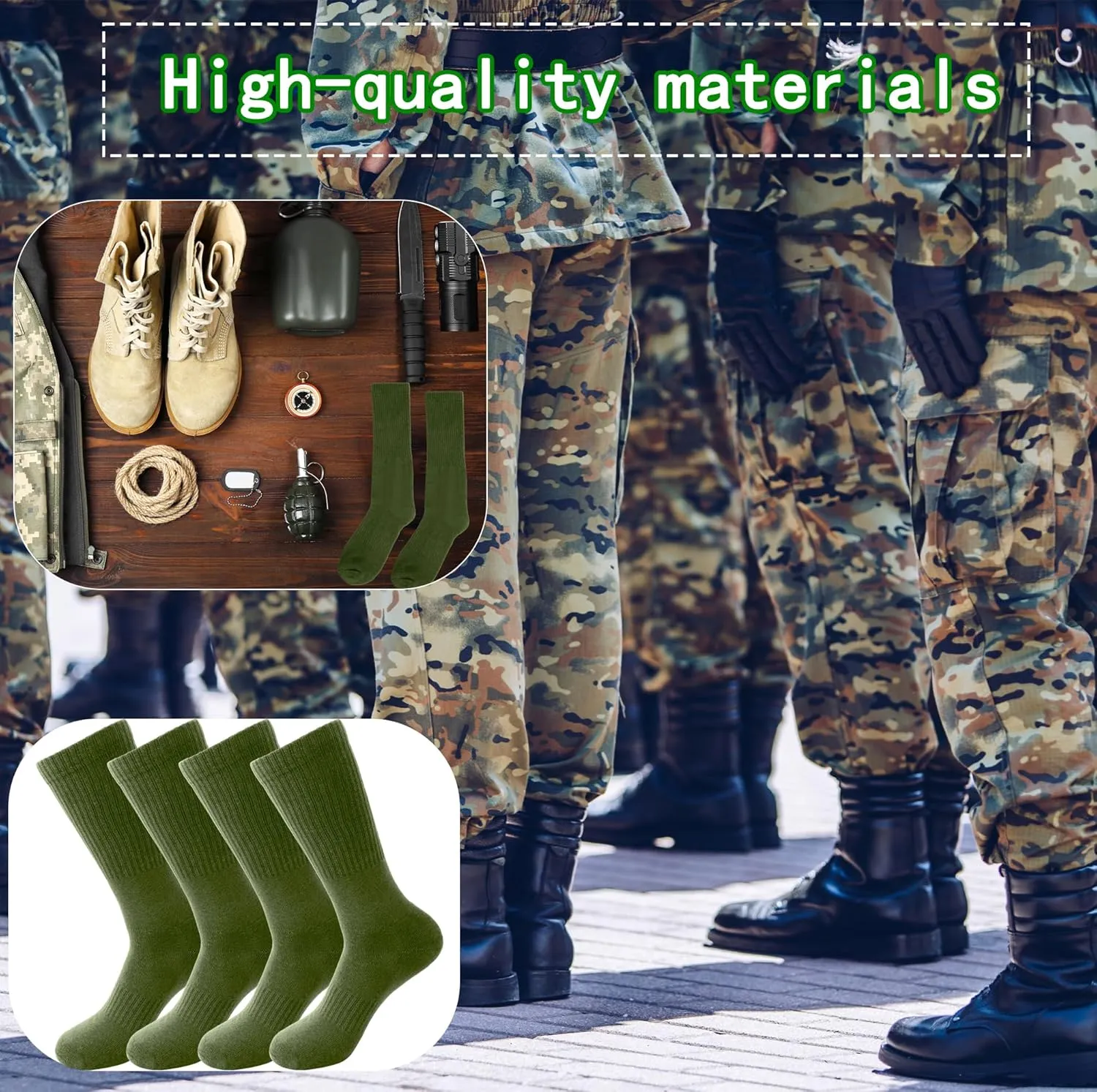 7 Pairs Men's Military Boot Socks Army Green Thickened Warm Military Crew Socks for Adult Working Outdoor Activities