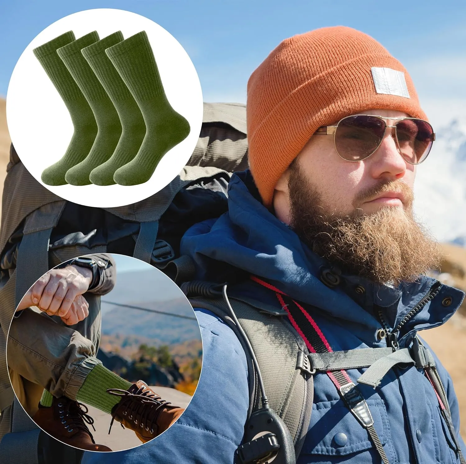 7 Pairs Men's Military Boot Socks Army Green Thickened Warm Military Crew Socks for Adult Working Outdoor Activities