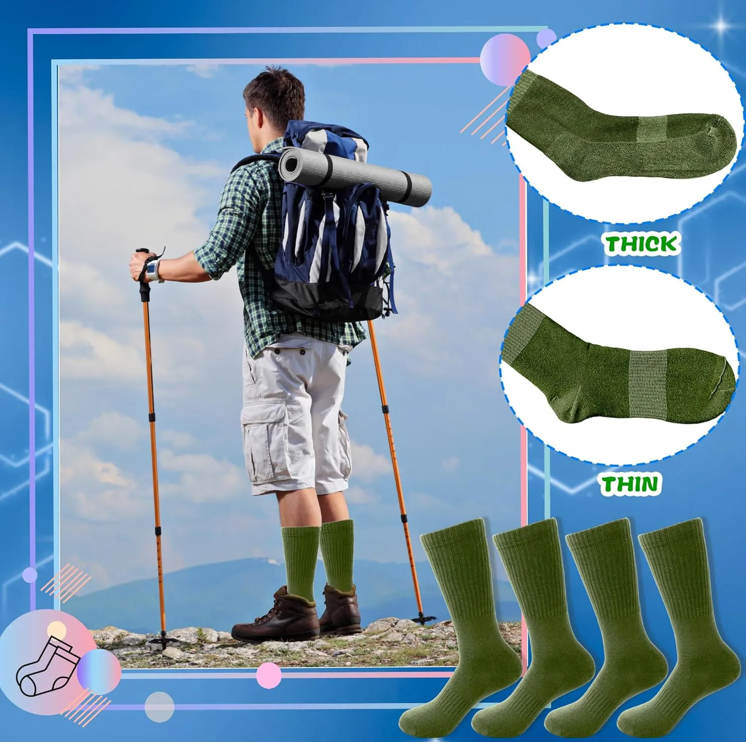 7 Pairs Men's Military Boot Socks Army Green Thickened Warm Military Crew Socks for Adult Working Outdoor Activities