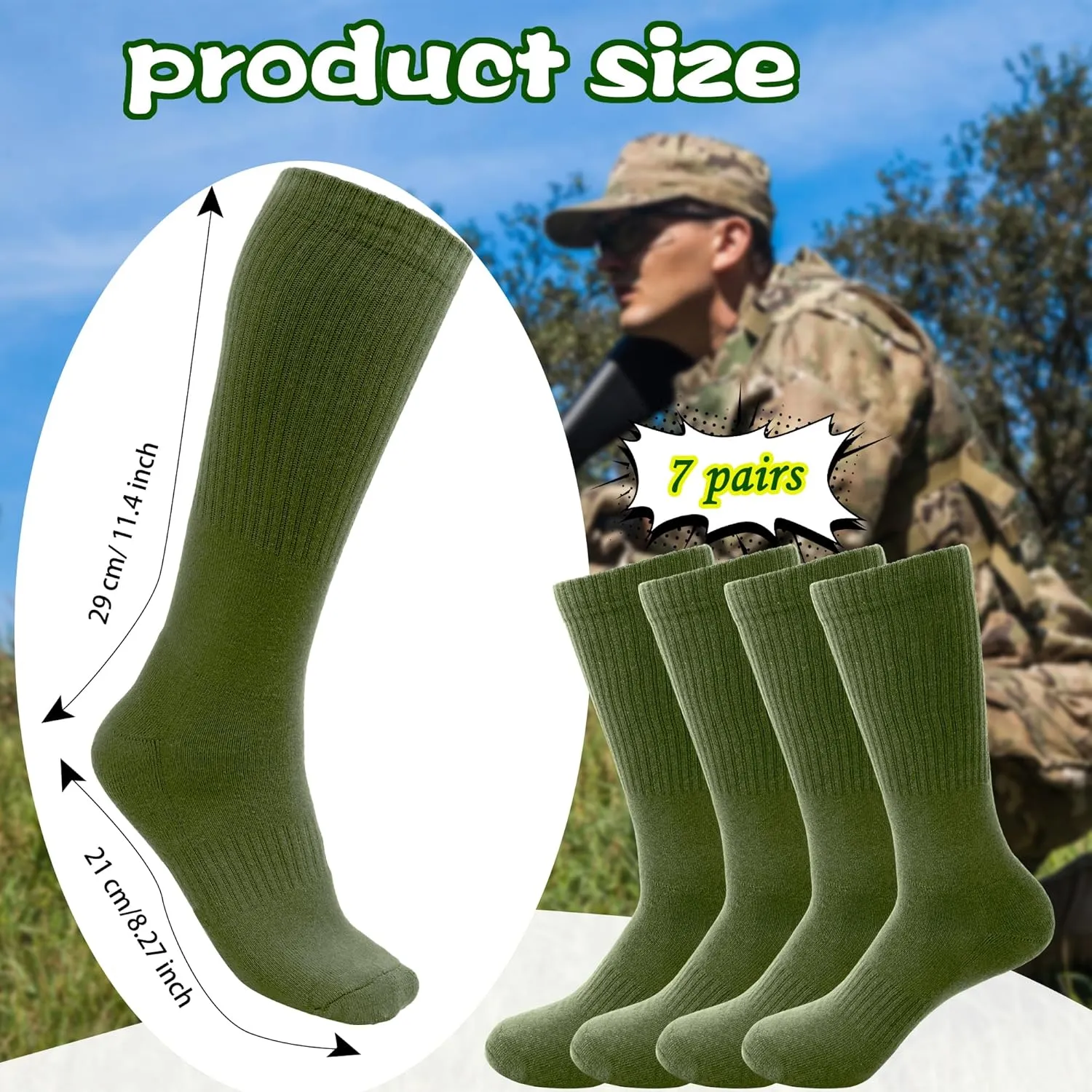 7 Pairs Men's Military Boot Socks Army Green Thickened Warm Military Crew Socks for Adult Working Outdoor Activities