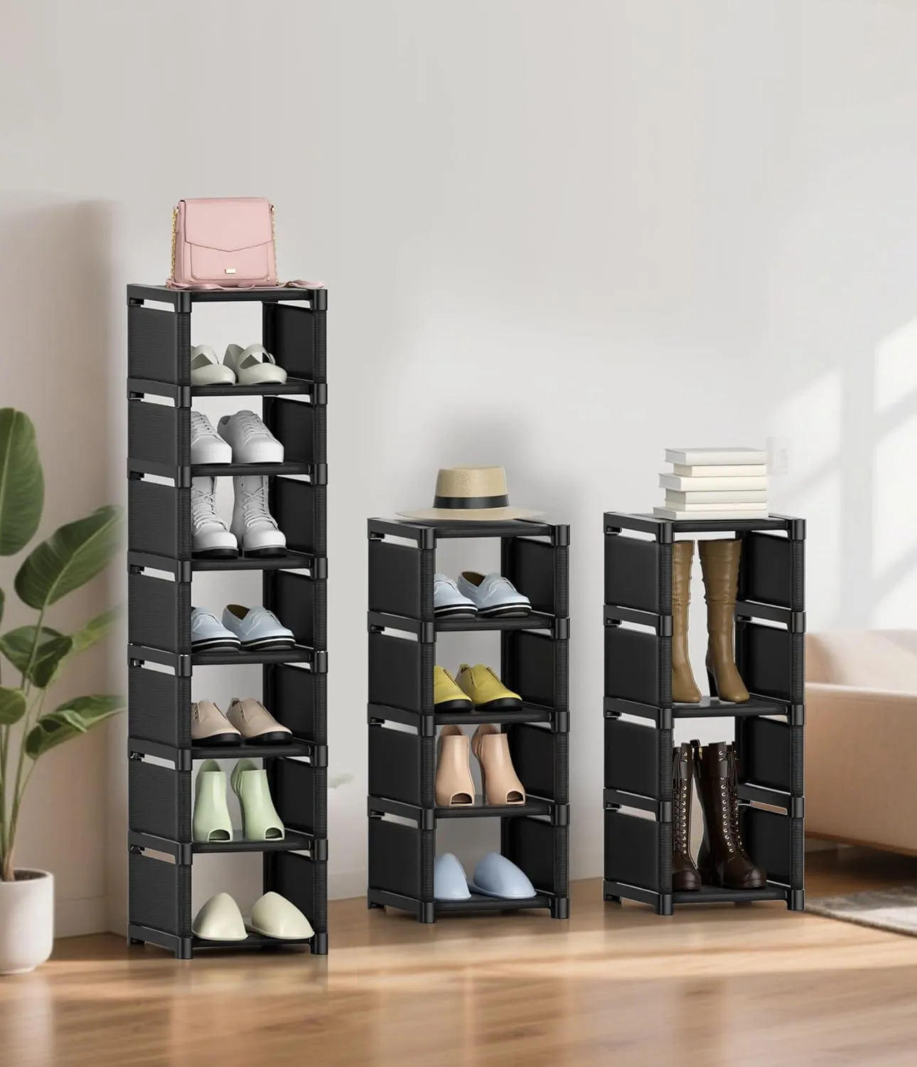 8-Tier Vertical Shoe Rack Narrow Space Saving Corner Organizer Metal Free Standing Storage Non-Woven Fabric Shelf for Closet Entryway Bedroom Garage-Black