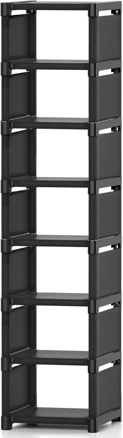 8-Tier Vertical Shoe Rack Narrow Space Saving Corner Organizer Metal Free Standing Storage Non-Woven Fabric Shelf for Closet Entryway Bedroom Garage-Black