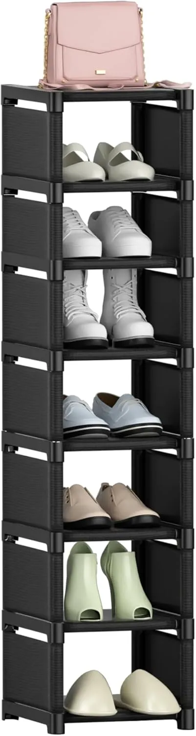 8-Tier Vertical Shoe Rack Narrow Space Saving Corner Organizer Metal Free Standing Storage Non-Woven Fabric Shelf for Closet Entryway Bedroom Garage-Black