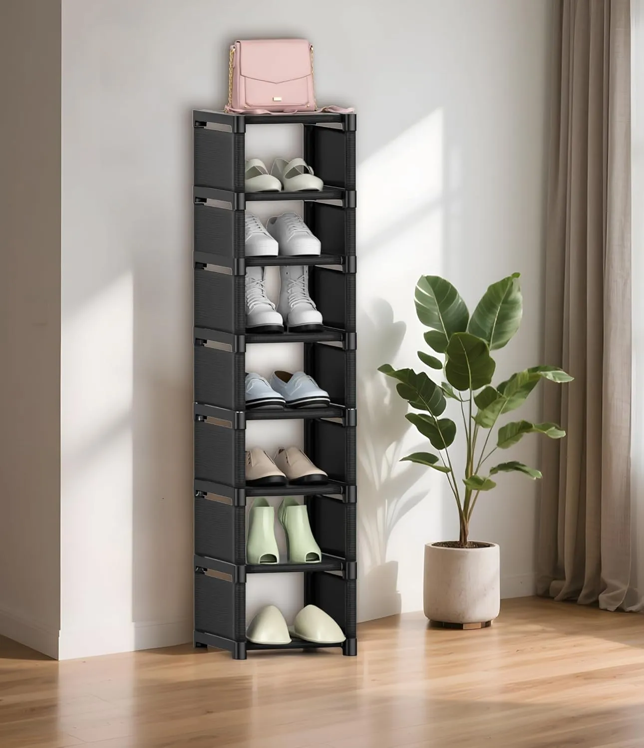 8-Tier Vertical Shoe Rack Narrow Space Saving Corner Organizer Metal Free Standing Storage Non-Woven Fabric Shelf for Closet Entryway Bedroom Garage-Black