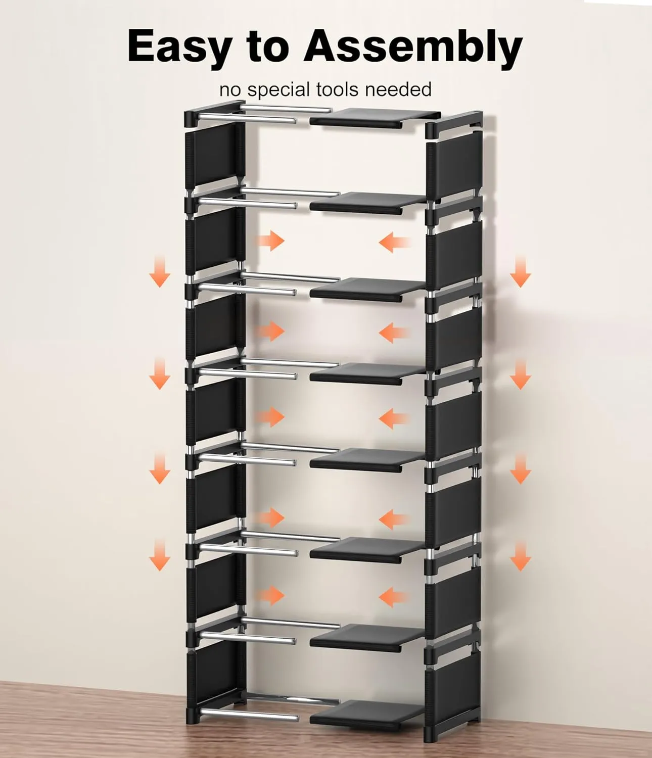8-Tier Vertical Shoe Rack Narrow Space Saving Corner Organizer Metal Free Standing Storage Non-Woven Fabric Shelf for Closet Entryway Bedroom Garage-Black