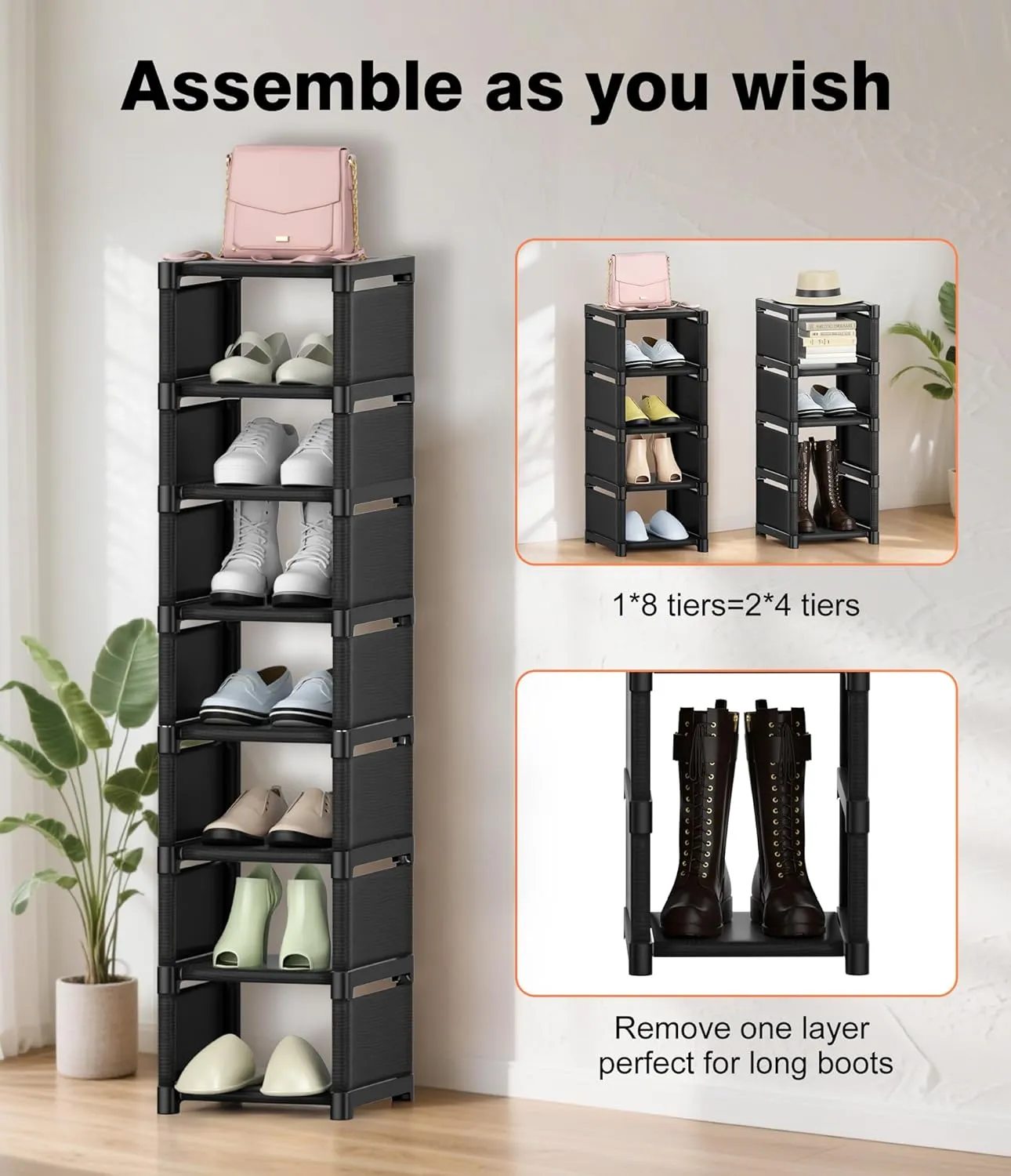 8-Tier Vertical Shoe Rack Narrow Space Saving Corner Organizer Metal Free Standing Storage Non-Woven Fabric Shelf for Closet Entryway Bedroom Garage-Black