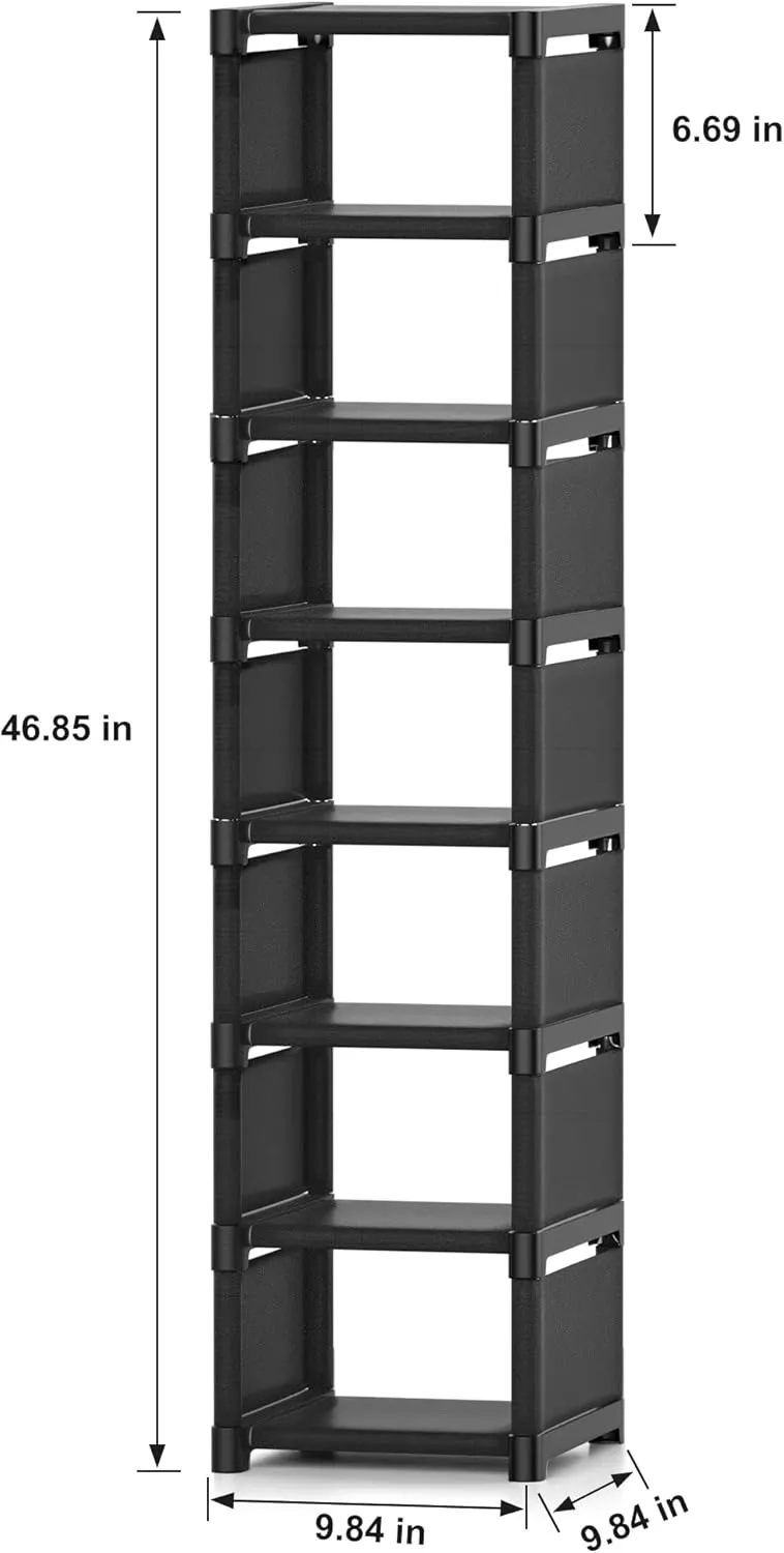 8-Tier Vertical Shoe Rack Narrow Space Saving Corner Organizer Metal Free Standing Storage Non-Woven Fabric Shelf for Closet Entryway Bedroom Garage-Black