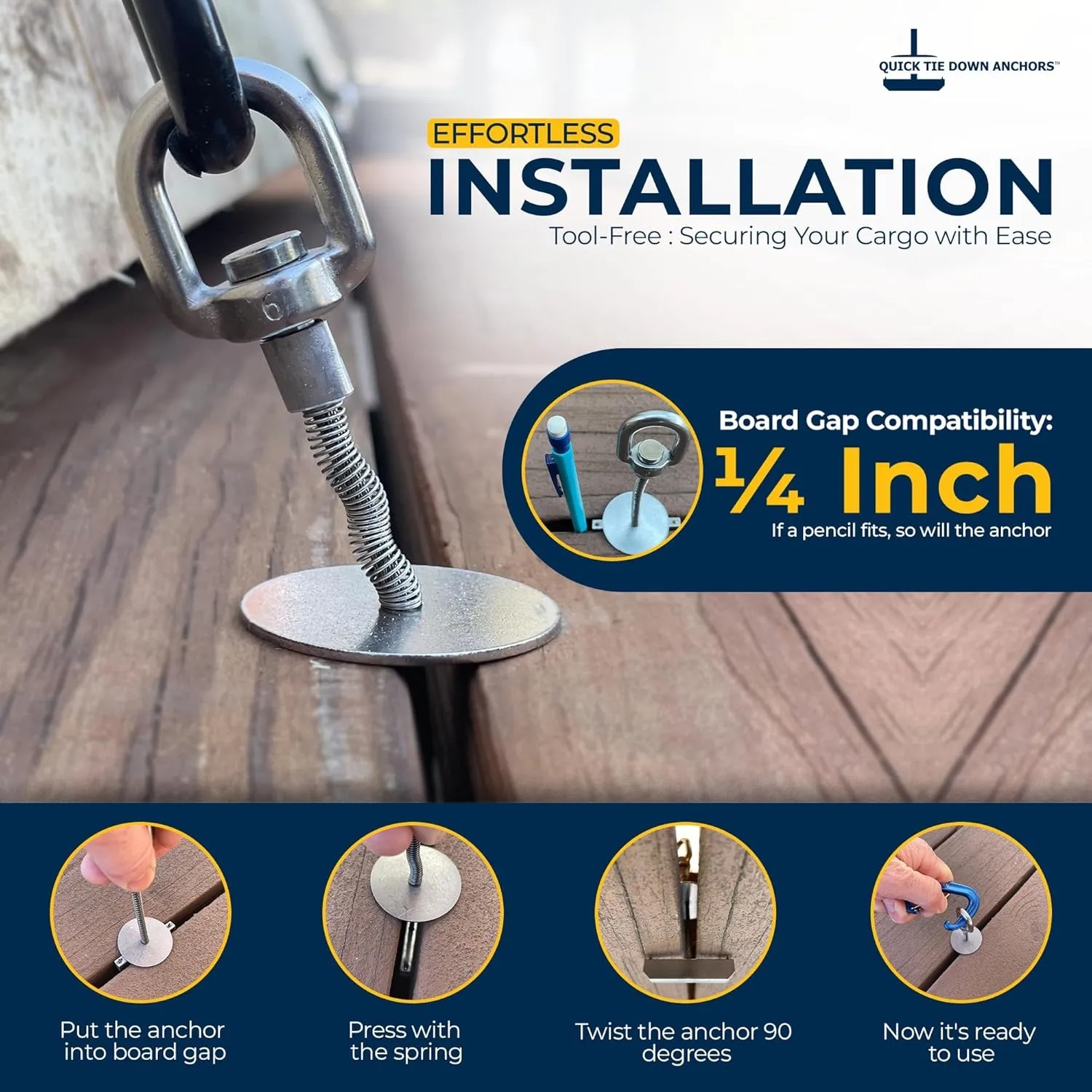 8pcs Trailer, Deck or Dock Anchors for Gap Between Boards - Marine Grade 316 Stainless Steel - 1200LB Break Strength - Reusable Alternative to D-Rings - Easy Tie Down Anchors