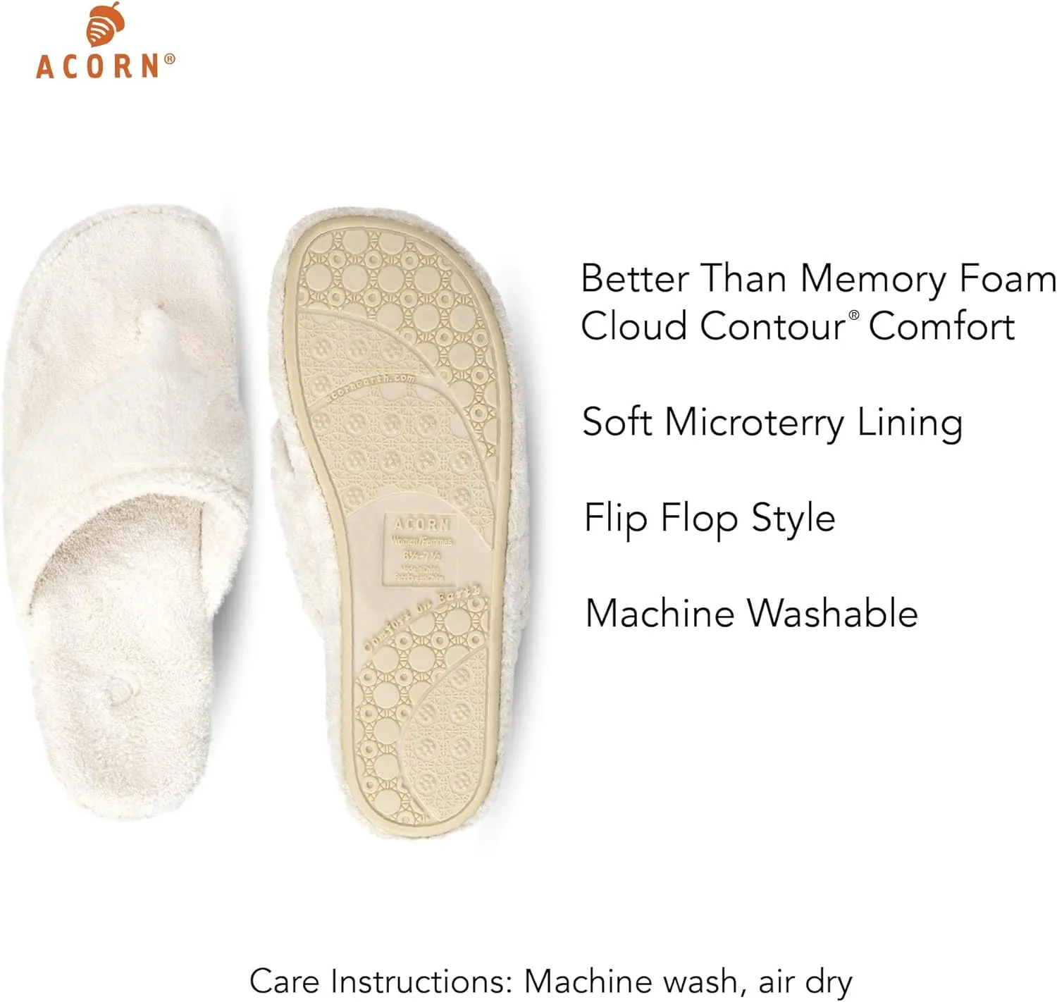 Acorn Women's Spa Thong Slippers with Cloud Contour Comfort - Arch Support and Plush Fluffy Terry Lining, Perfect for Beach, Camping, Poolside, or Bathroom Wear