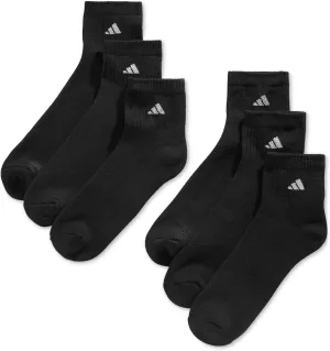 adidas 6 Pair Mens Quarter Crew Cushioned Socks Shoe Size 6-12 (Solid Black/White)