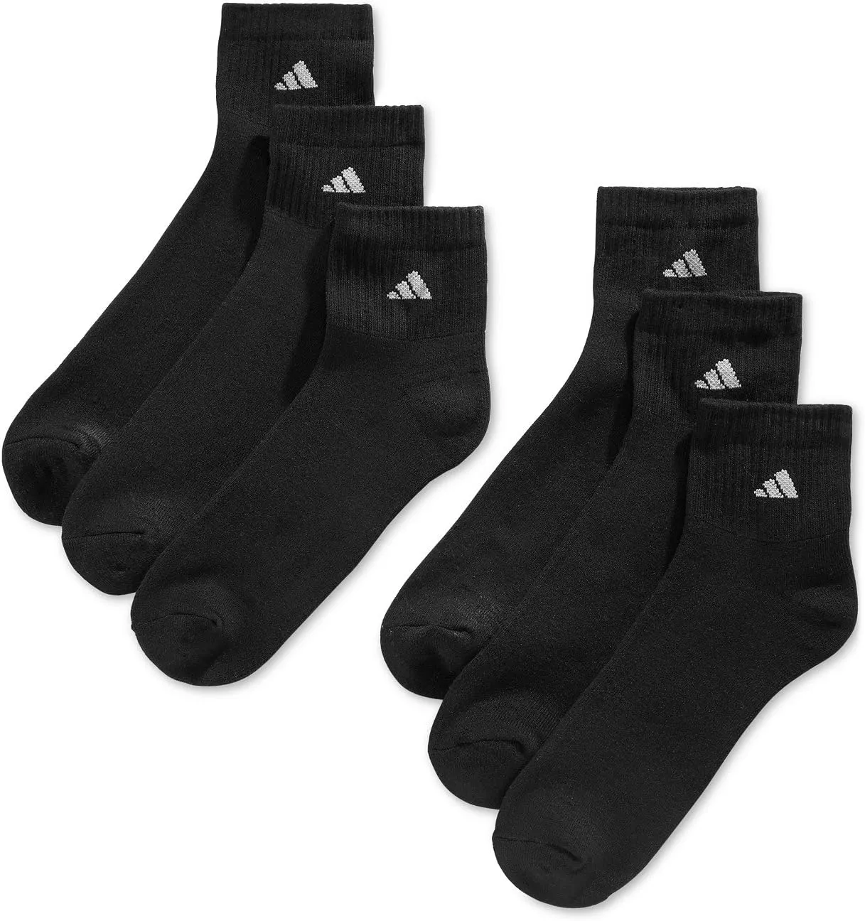 adidas 6 Pair Mens Quarter Crew Cushioned Socks Shoe Size 6-12 (Solid Black/White)