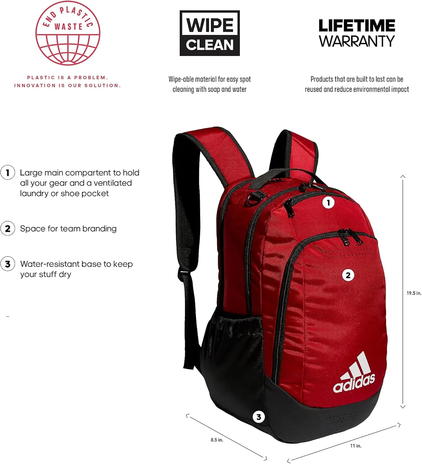 adidas Defender Sports, Soccer Bags and Basketball Backpacks for Holding Balls, Featuring Shoe Compartment, Team Power Red, One Size