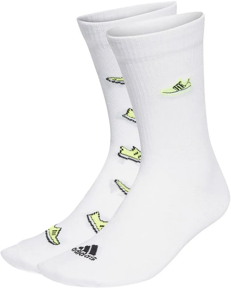 adidas Unisex Run X Ultraboost Shoe Love Graphic Socks 2 Pairs Crew Socks, White / Lucid Lemon / Black, 11-12.5