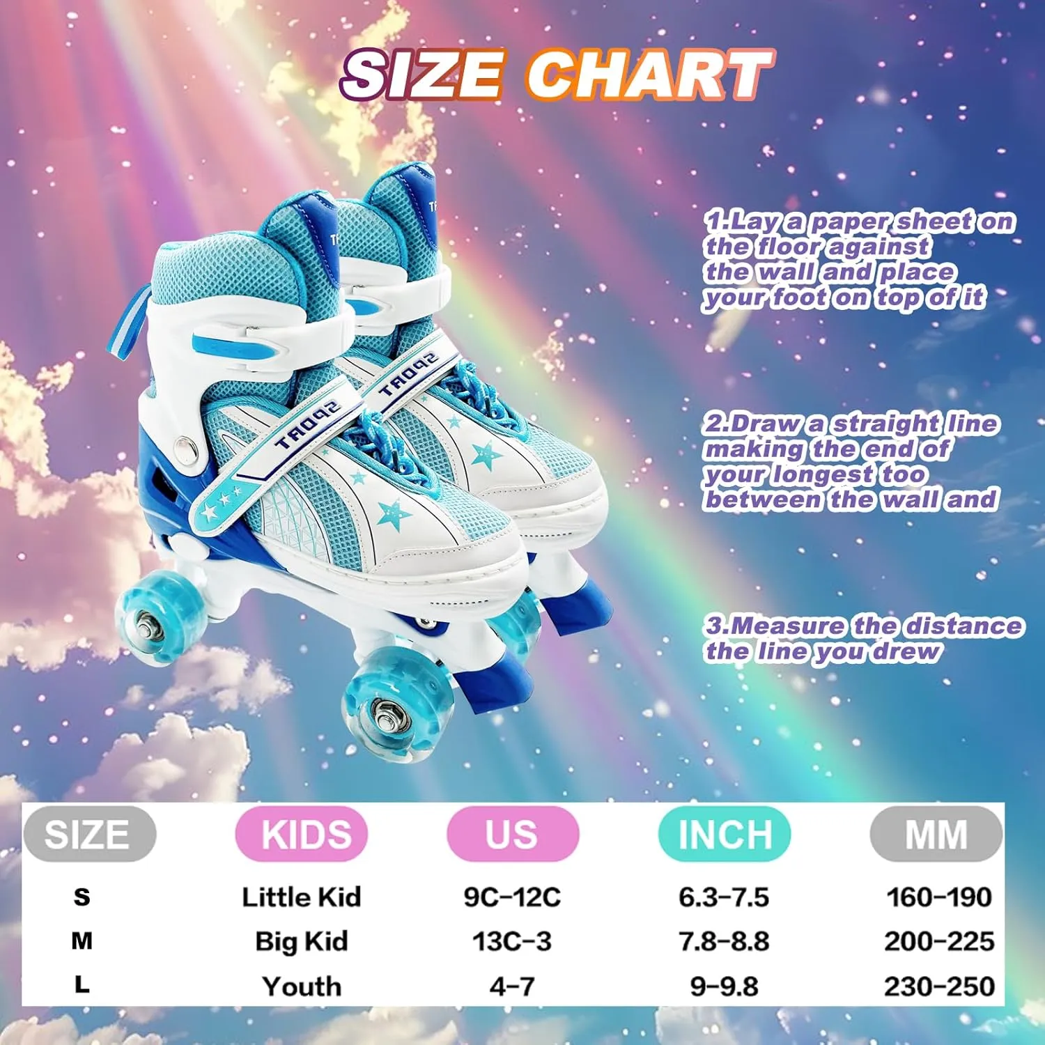 Adjustable Kids Roller Skates for Girls and Boys Ages 3-5 5-8 8-12, All 8 Wheels of Girl's Skates Shine, Safe and Fun Illuminating for Outdoor Indoor Sports