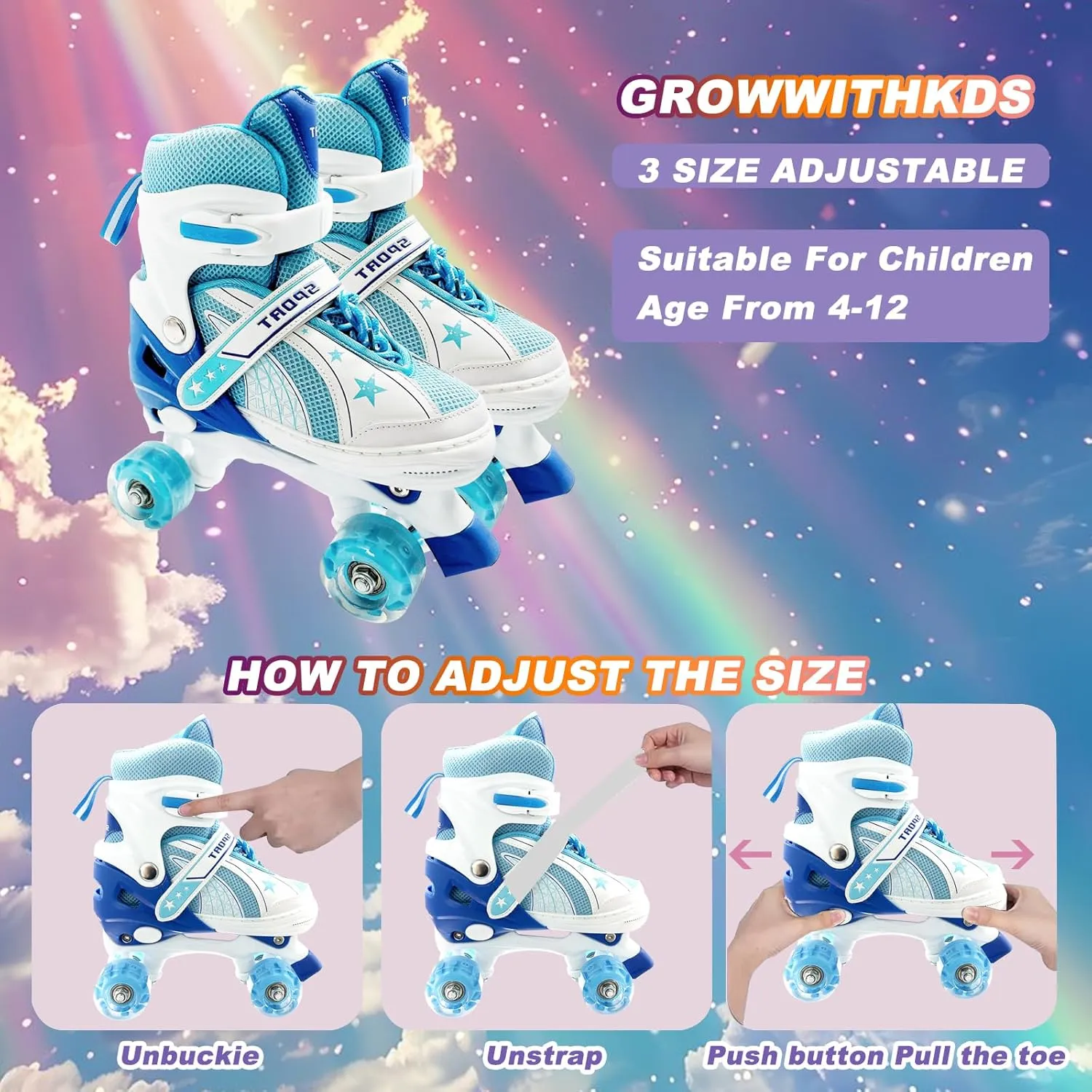 Adjustable Kids Roller Skates for Girls and Boys Ages 3-5 5-8 8-12, All 8 Wheels of Girl's Skates Shine, Safe and Fun Illuminating for Outdoor Indoor Sports
