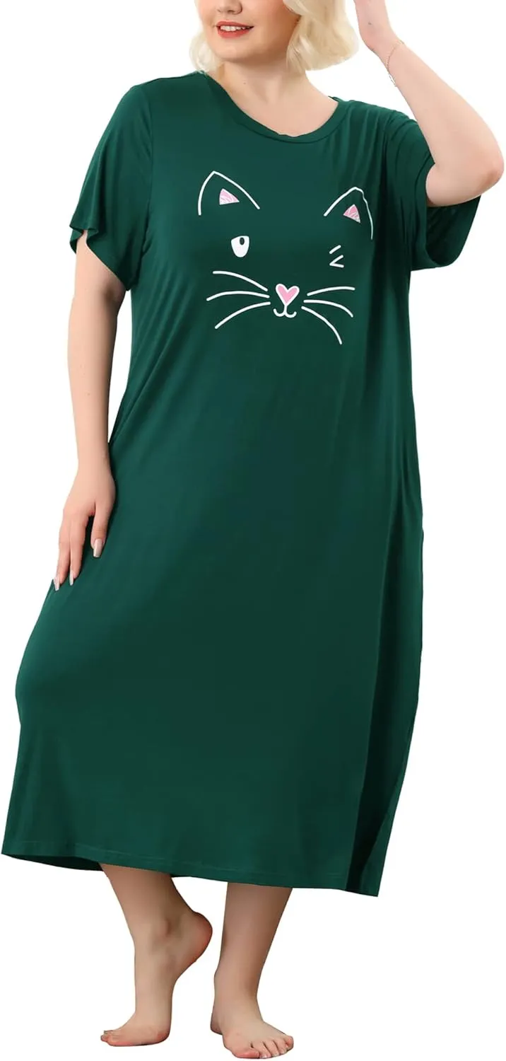 Agnes Orinda Women's Plus Size Nightgowns Pajama Soft Nightshirt Cute Cat Family Sleepdress with Pockets