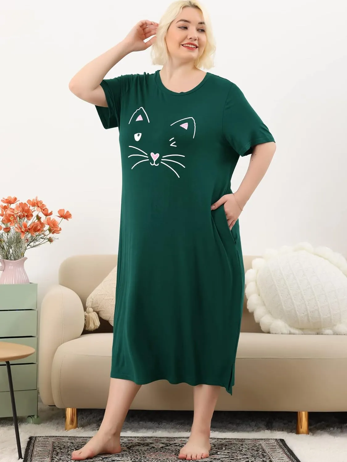 Agnes Orinda Women's Plus Size Nightgowns Pajama Soft Nightshirt Cute Cat Family Sleepdress with Pockets