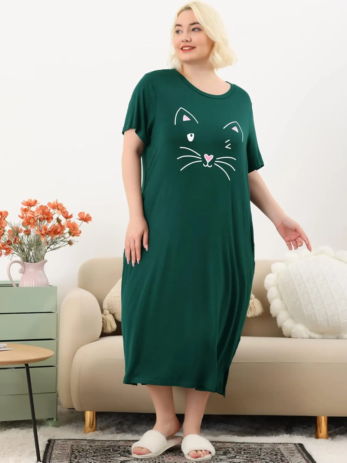 Agnes Orinda Women's Plus Size Nightgowns Pajama Soft Nightshirt Cute Cat Family Sleepdress with Pockets