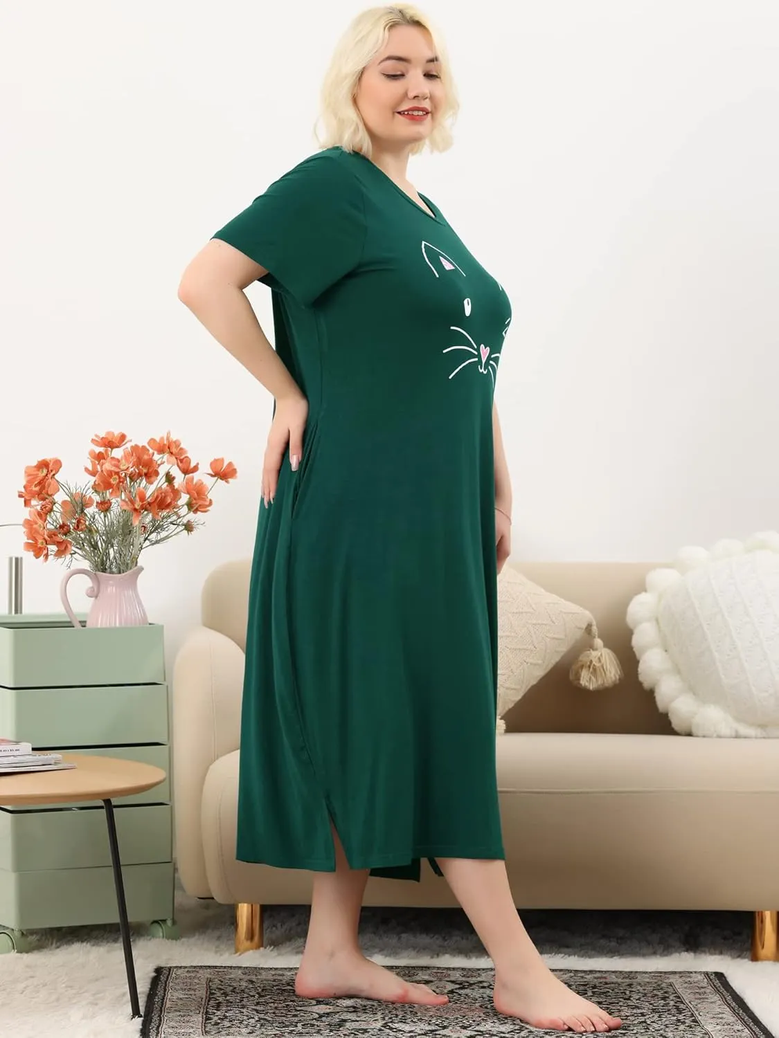 Agnes Orinda Women's Plus Size Nightgowns Pajama Soft Nightshirt Cute Cat Family Sleepdress with Pockets