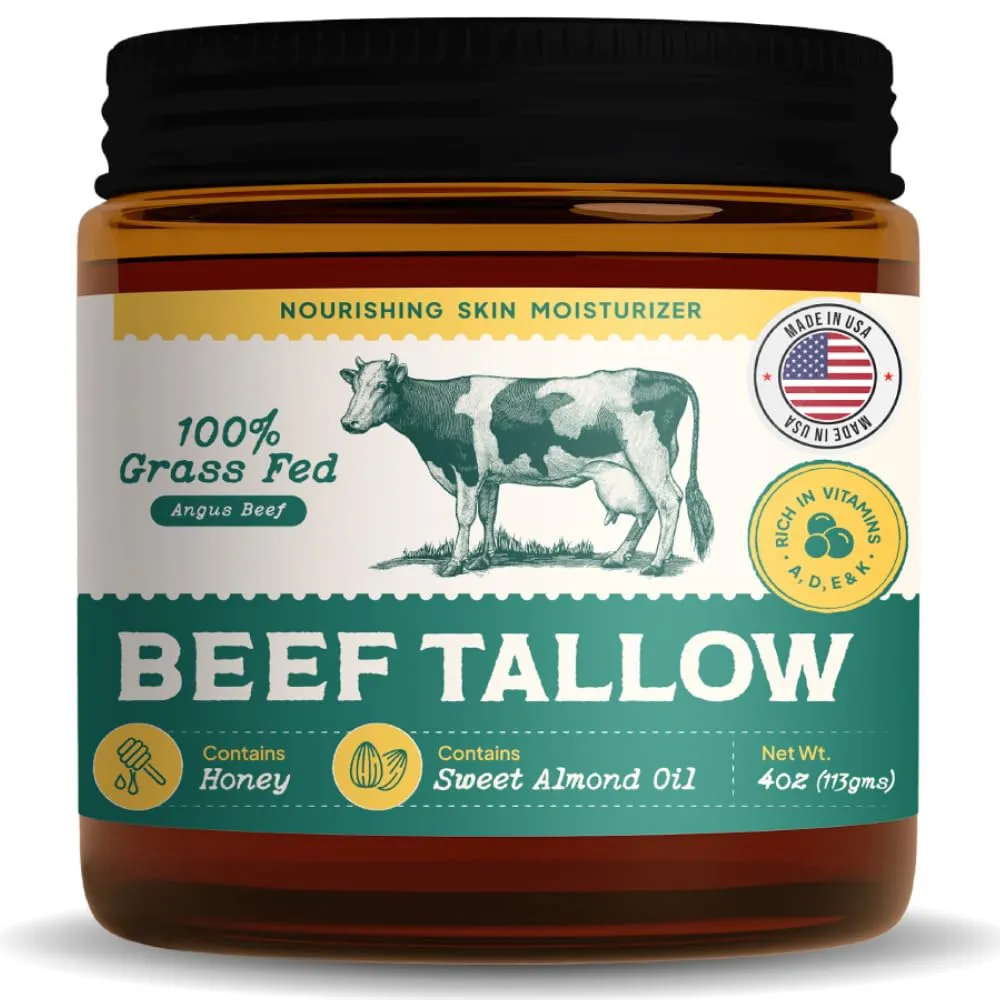 All Natural Beef Tallow For Skin - Grass Fed Beef Tallow and Honey Balm with Almond Oil - Unscented Whipped Tallow Moisturizer for Dry Skin, Eczema & Sensitive Skin Care | Handmade in USA | 4oz