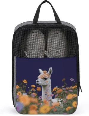Alpaca Surrounded by Flowers Shoe Bag Travel Shoe Organizer Water-Resistant Shoe Pouch with Zipper Sneaker Dust Bag