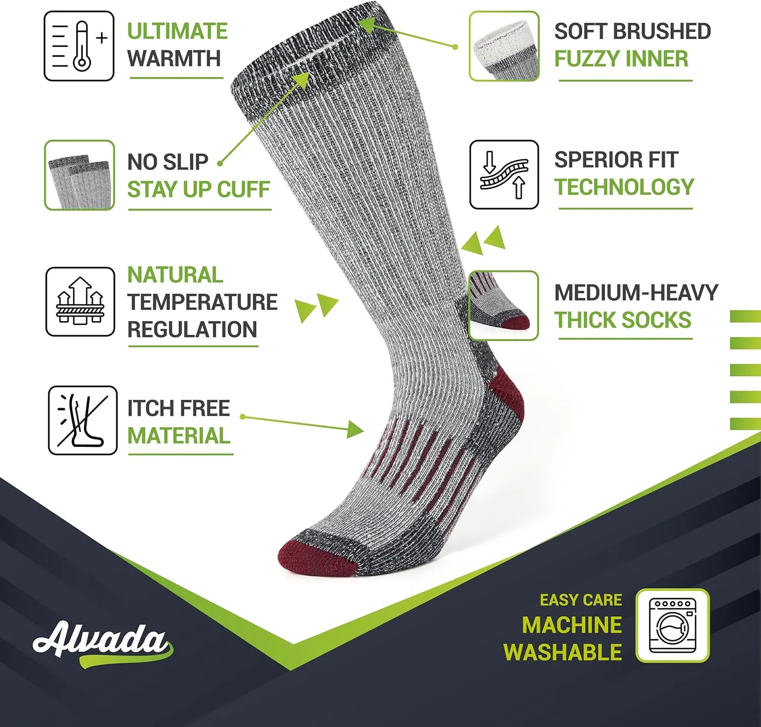 Alvada Warm Thermal Wool Socks for Winter Moisture Wicking and Breathable Cozy Boot Socks
