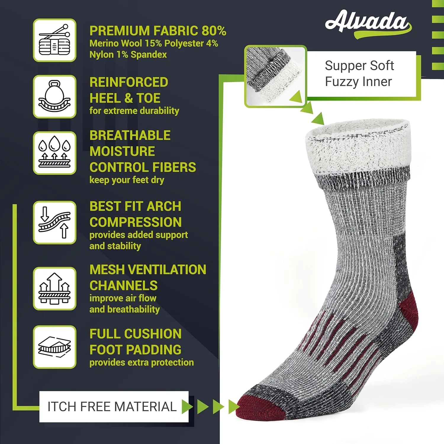 Alvada Warm Thermal Wool Socks for Winter Moisture Wicking and Breathable Cozy Boot Socks