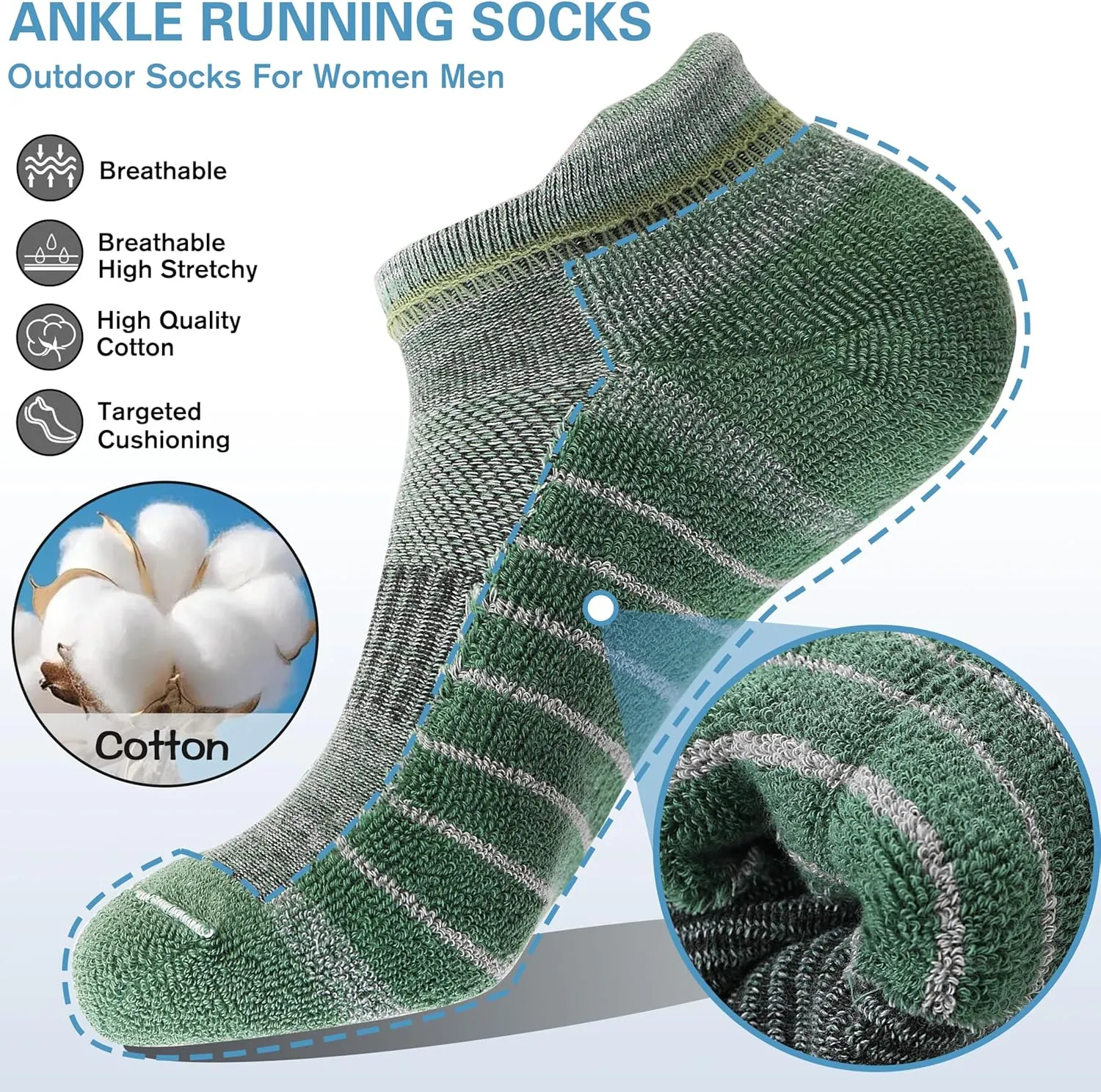 Ankle No Show Running Hiking Athletic Socks Sports Compression Cotton Cushioned Socks 6 Pairs for Women Men
