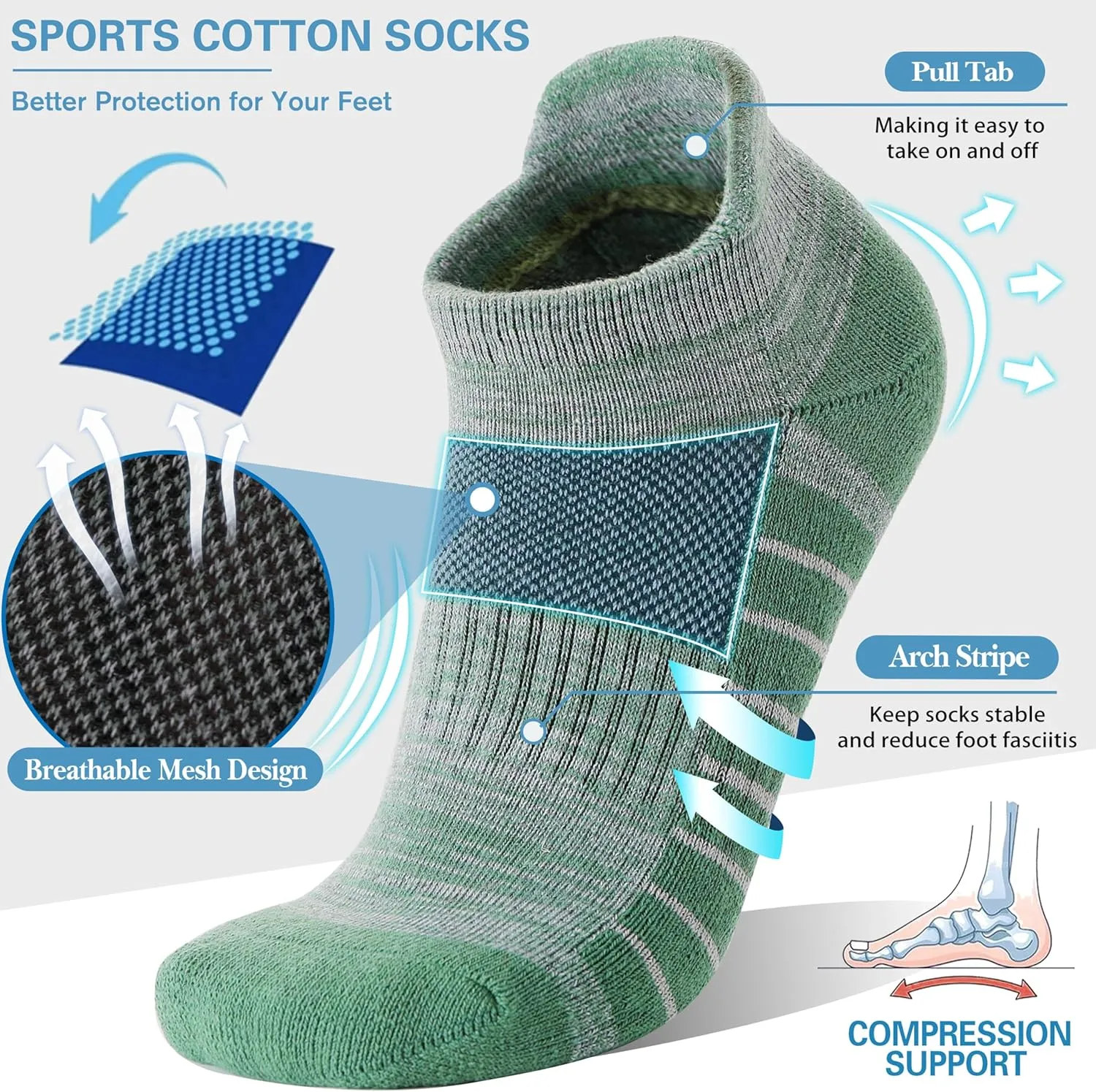 Ankle No Show Running Hiking Athletic Socks Sports Compression Cotton Cushioned Socks 6 Pairs for Women Men
