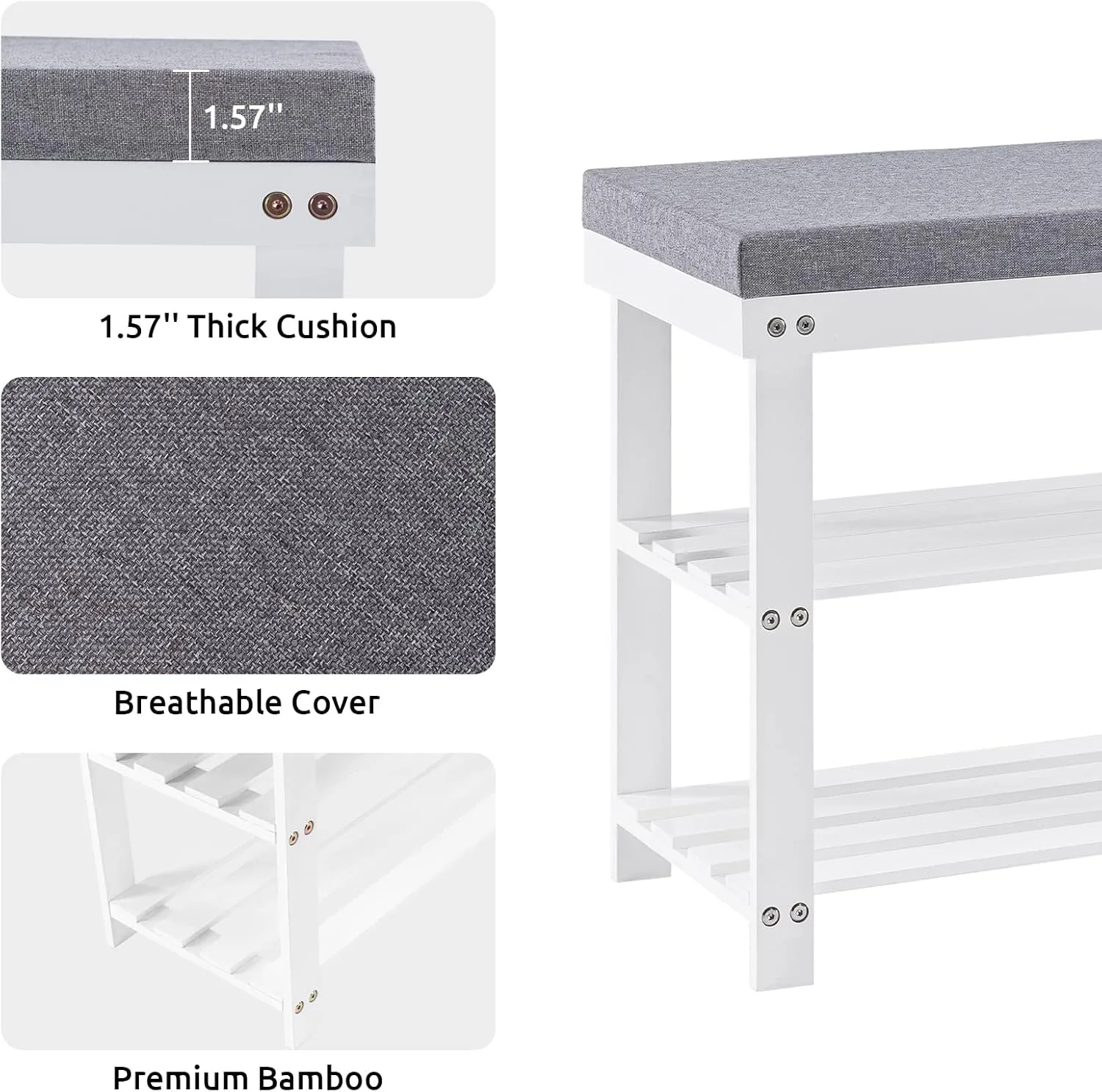 Apicizon 3-Tier Shoe Rack for Entryway, Bamboo Shoe Bench with Cushion Padded Seat, Small Shoe Organizer with Storage for Indoor Entrance Hallway Bedroom Living Room, White
