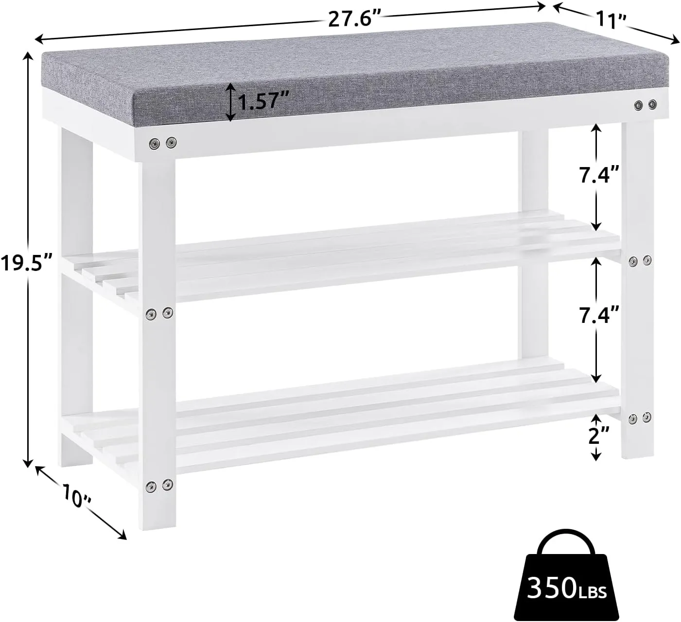 Apicizon 3-Tier Shoe Rack for Entryway, Bamboo Shoe Bench with Cushion Padded Seat, Small Shoe Organizer with Storage for Indoor Entrance Hallway Bedroom Living Room, White