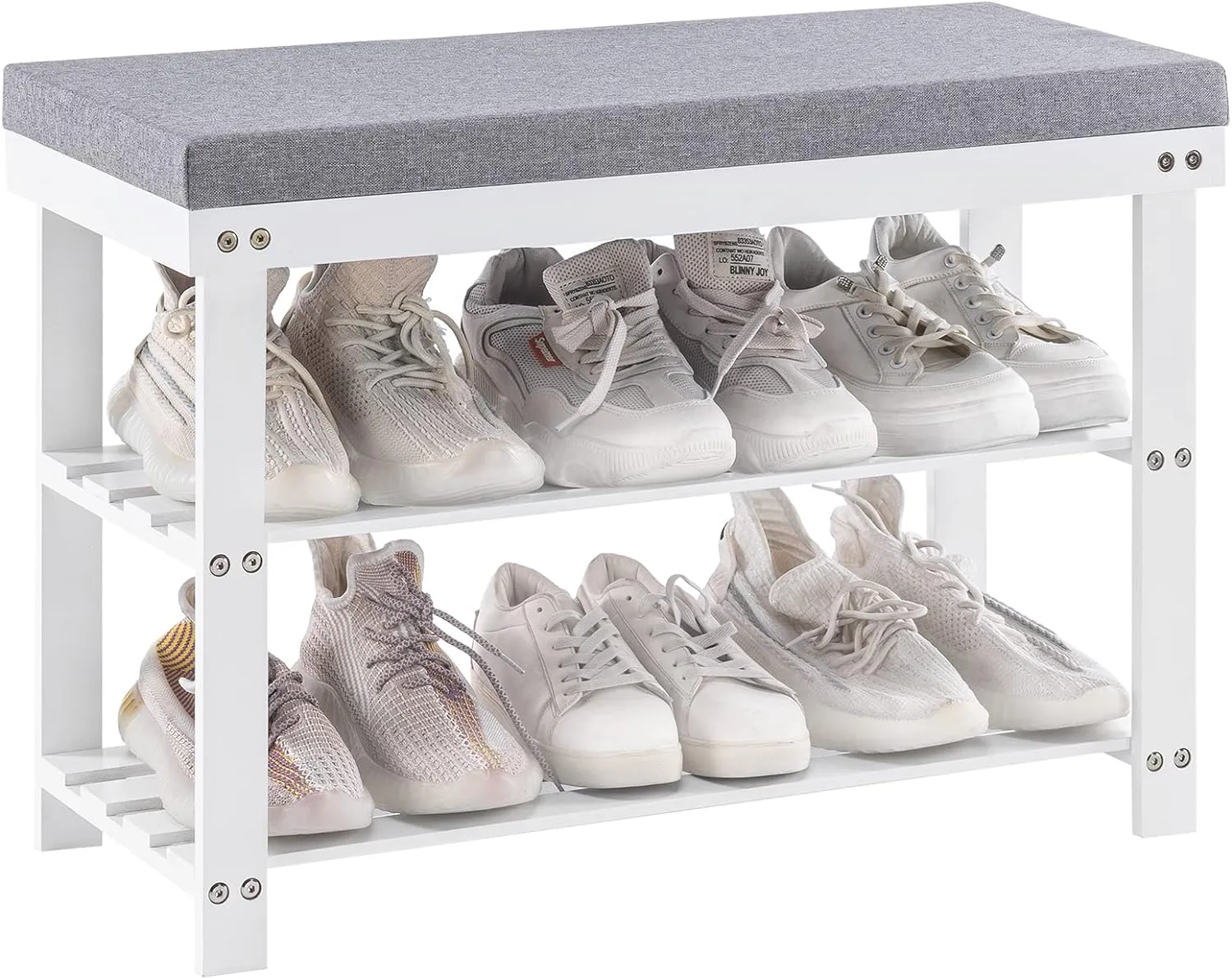 Apicizon 3-Tier Shoe Rack for Entryway, Bamboo Shoe Bench with Cushion Padded Seat, Small Shoe Organizer with Storage for Indoor Entrance Hallway Bedroom Living Room, White