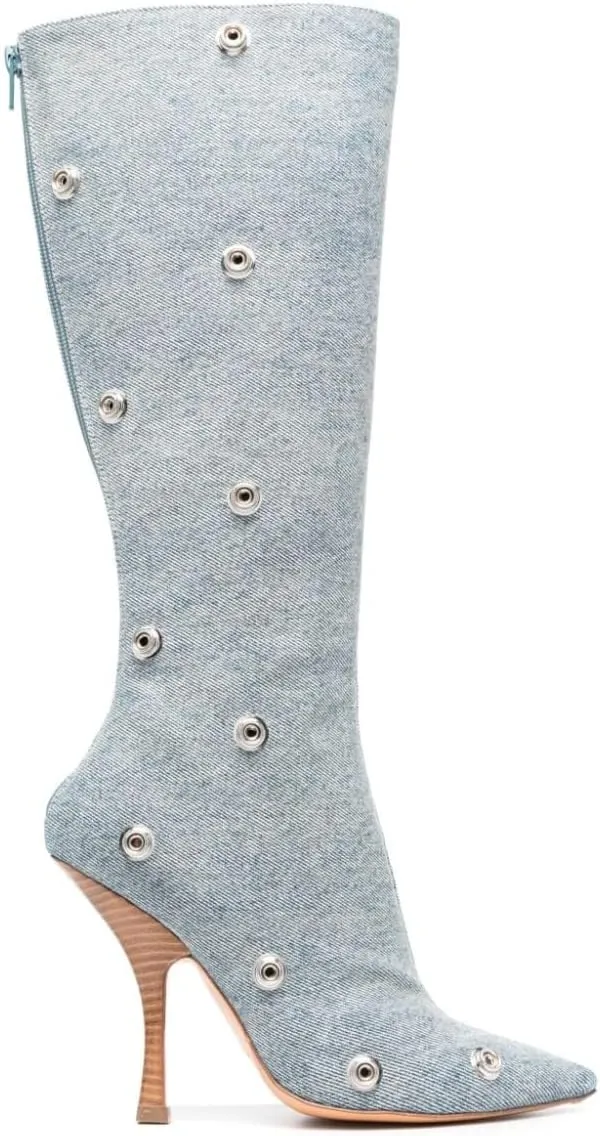 Arqa Womens Stiletto Heel Knee High Boots Pointed Toe Applique Denim Boot with Zipper Silver Buttons Fall Slouchy Boot