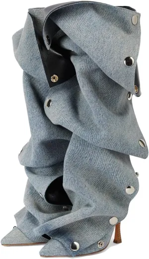 Arqa Womens Stiletto Heel Knee High Boots Pointed Toe Applique Denim Boot with Zipper Silver Buttons Fall Slouchy Boot