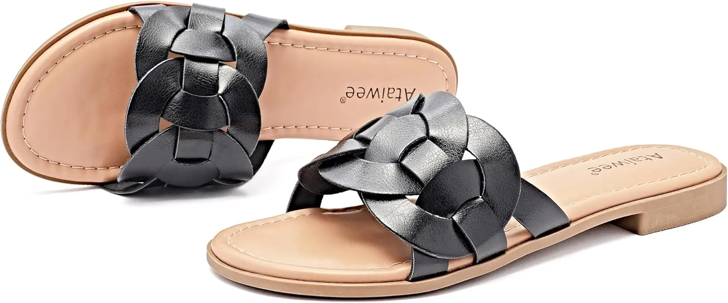 Ataiwee Women's Flat Slide Sandals - Ladies Casual Slip On Criss Cross Strap Summer Shoes.