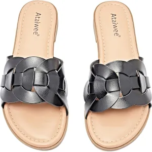 Ataiwee Women's Flat Slide Sandals - Ladies Casual Slip On Criss Cross Strap Summer Shoes.