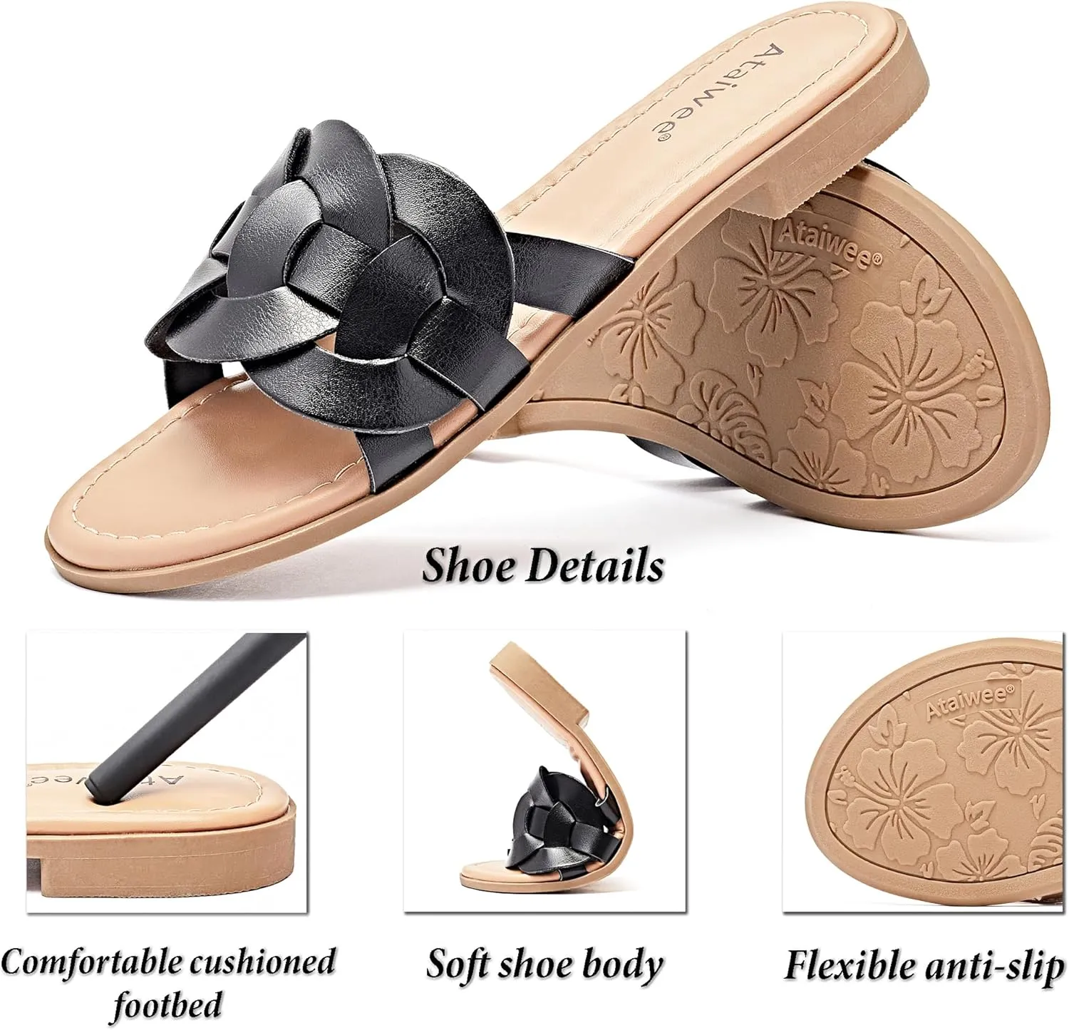 Ataiwee Women's Flat Slide Sandals - Ladies Casual Slip On Criss Cross Strap Summer Shoes.