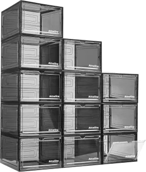 Attelite Upgrade 12pack Shoe Box Storage Containers,Thicken Sturdy Clear Stackable Plastic Shoe Organizer Box with Magnetic Door, Drop Front Shoe Box Sneakers X-Large