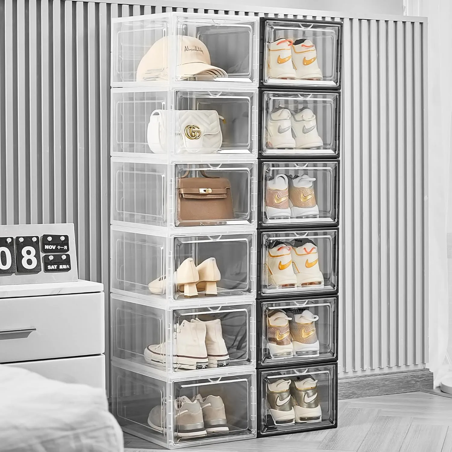 Attelite Upgrade 12pack Shoe Box Storage Containers,Thicken Sturdy Clear Stackable Plastic Shoe Organizer Box with Magnetic Door, Drop Front Shoe Box Sneakers X-Large