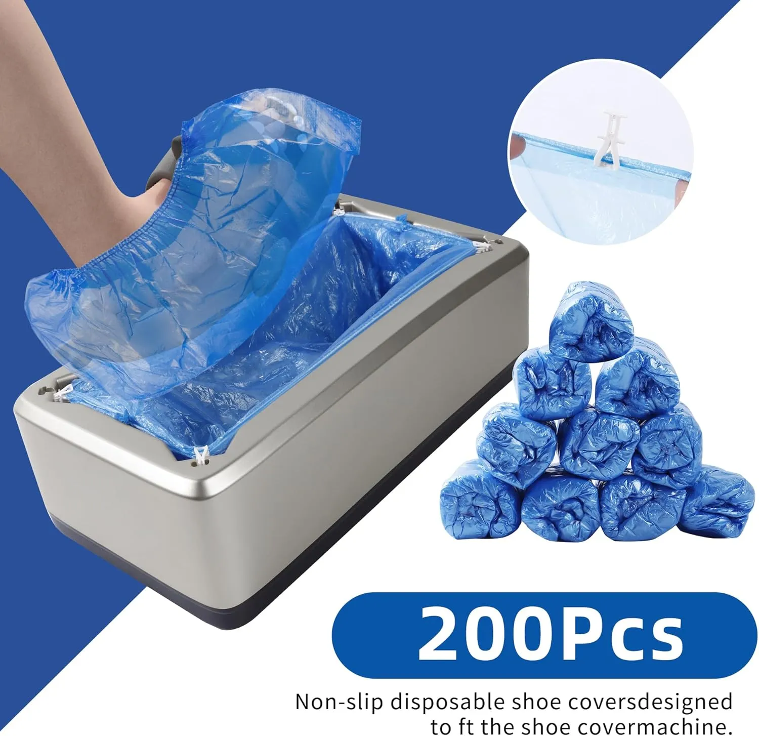 Automatic Shoe Cover Dispenser with 200 Pcs Disposable Shoe Covers, Booties for Portable Machine Fits Size Up to 11 US men or women and up for Home, Factory (Silver)