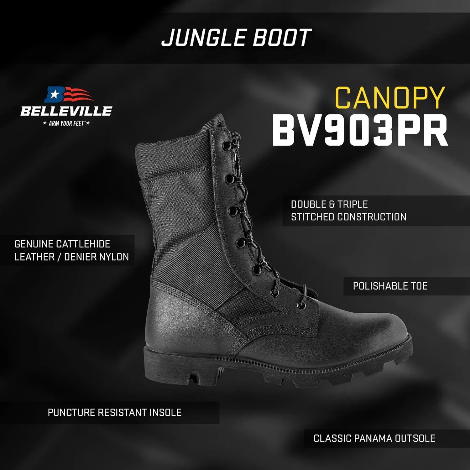 B Belleville Arm Your Feet Men's 8 Inch Canopy Jungle Boots - Highly Breathable Leather & Nylon Upper, Medial Side Drainage Vents, and Classic Panama Outsole Tread