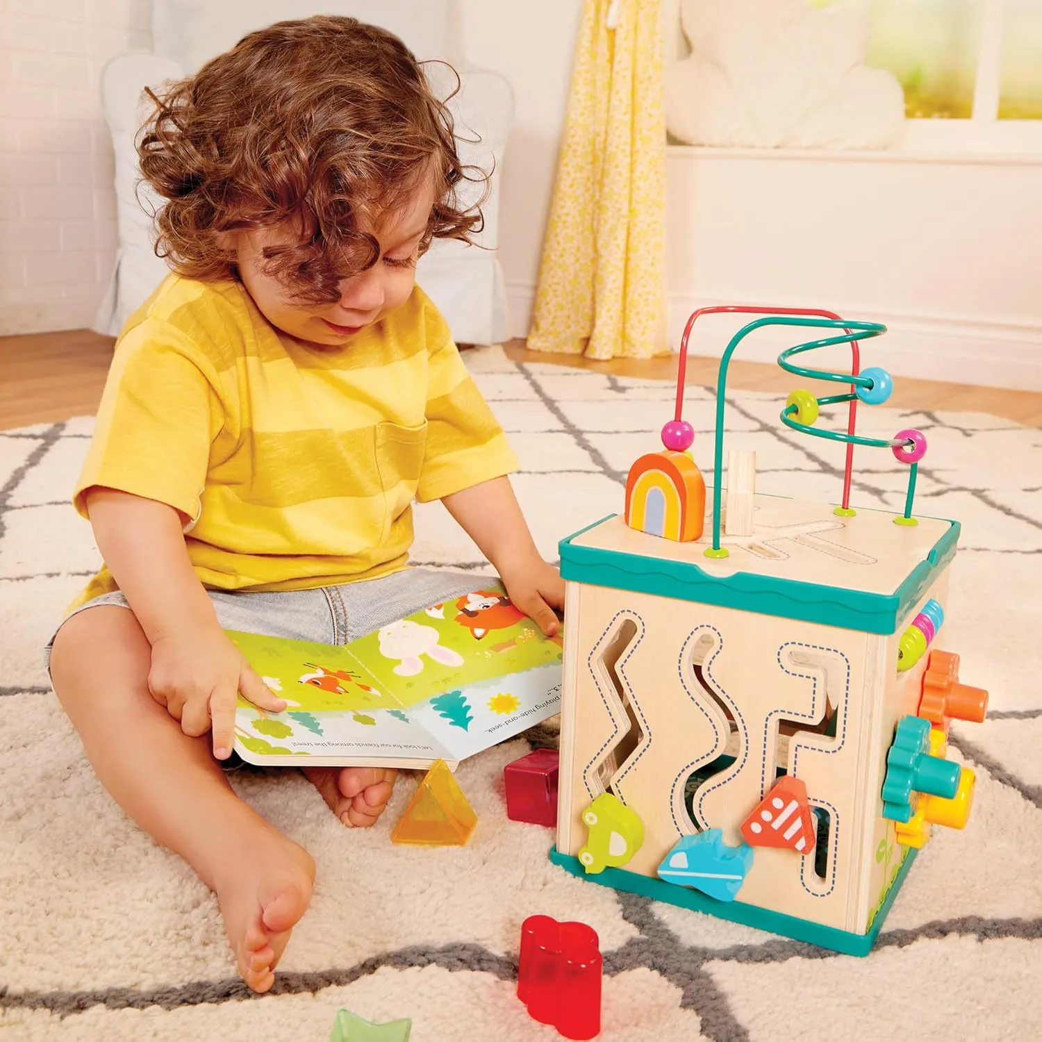 B. toys – Tabletop Activity Cube – Educational Storybook Included – Wooden Shape Sorter, Bead Maze, Animal Tiles – Top Flips for Compact Storage – 12 Months   – Lil' Learning Cube