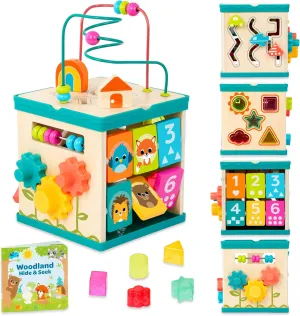B. toys – Tabletop Activity Cube – Educational Storybook Included – Wooden Shape Sorter, Bead Maze, Animal Tiles – Top Flips for Compact Storage – 12 Months   – Lil' Learning Cube