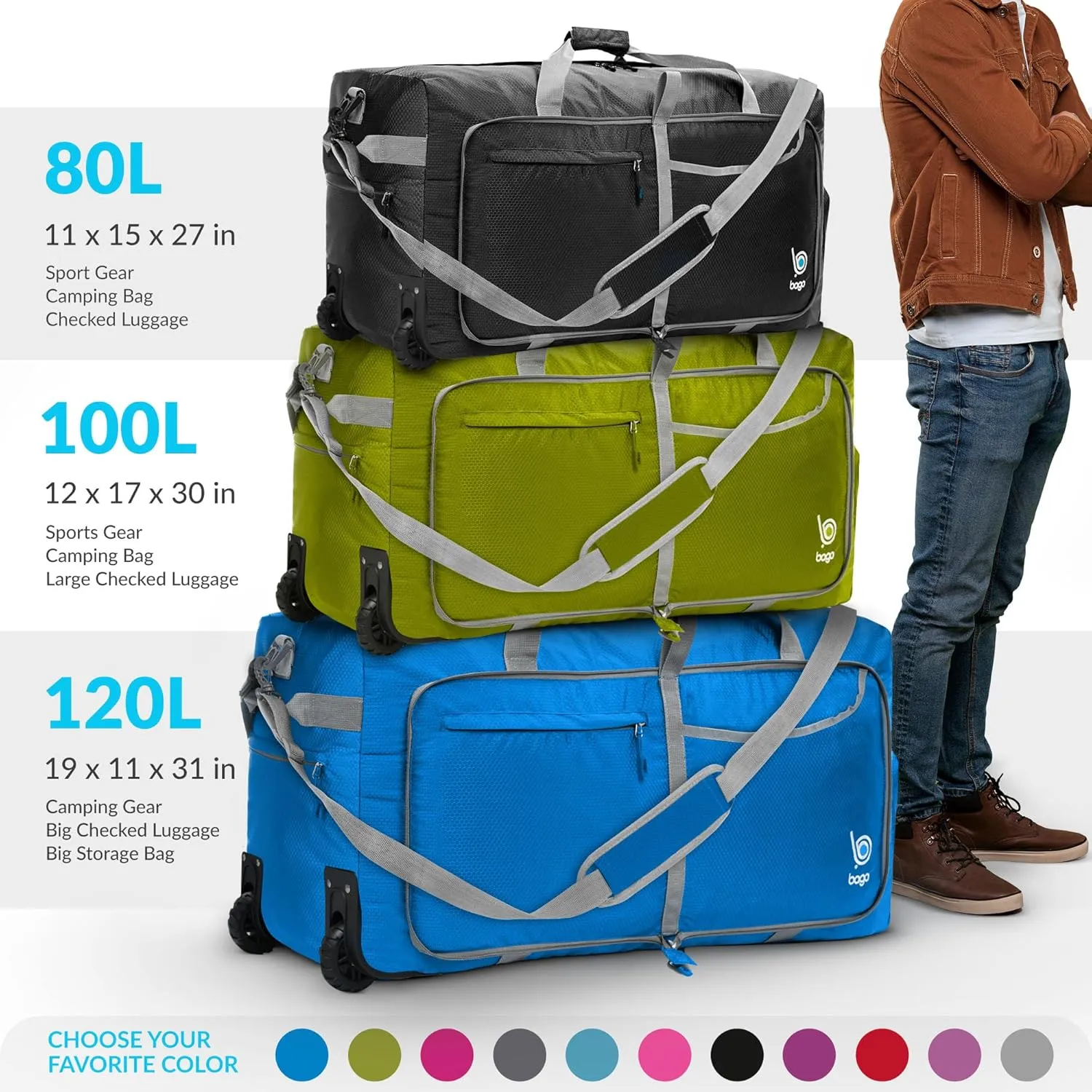 Bago Rolling Duffle Bag with Wheels - 31" 120L Foldable Weekender Bag, Waterproof Travel Duffel Bag, Heavy Duty lightWeight Duffle Bag for Traveling, Rolling Duffel Bag with Wheels (Blue)