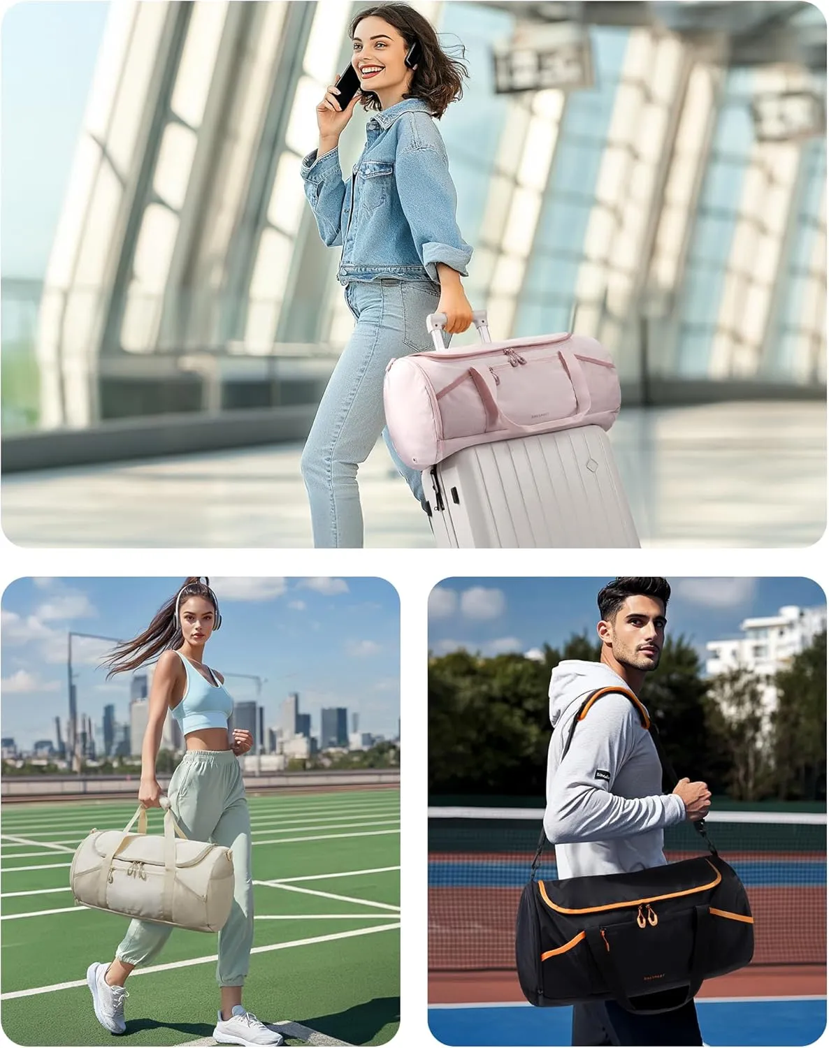 BAGSMART Gym Bag for Men & Women, Lightweight Duffel with Shoe Compartment, Weekender Bags with Wet Pocket, Workout Overnight Carry on for Travel, Beige